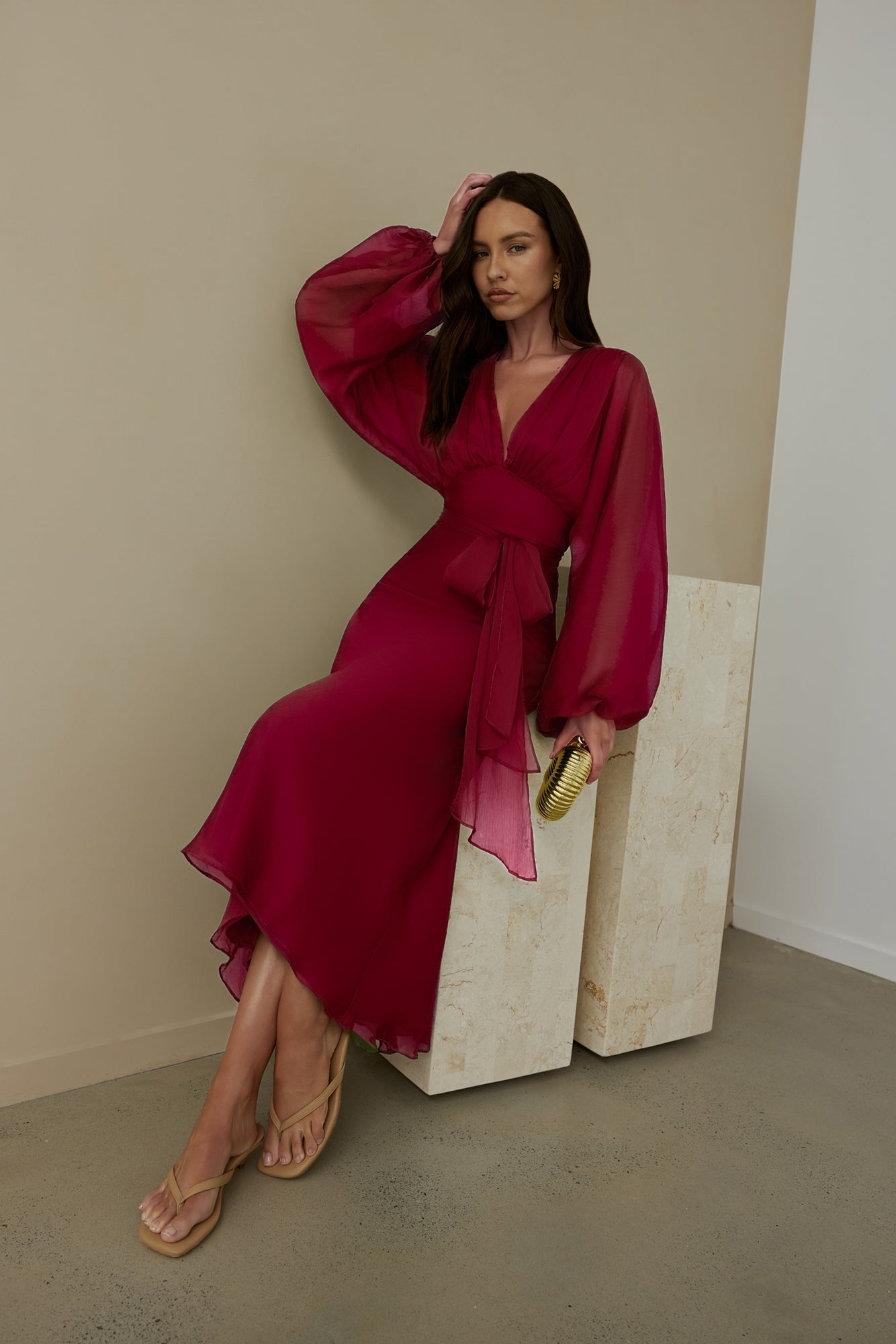 Damen Maxikleid mit V-Ausschnitt und Ballonärmeln Jully