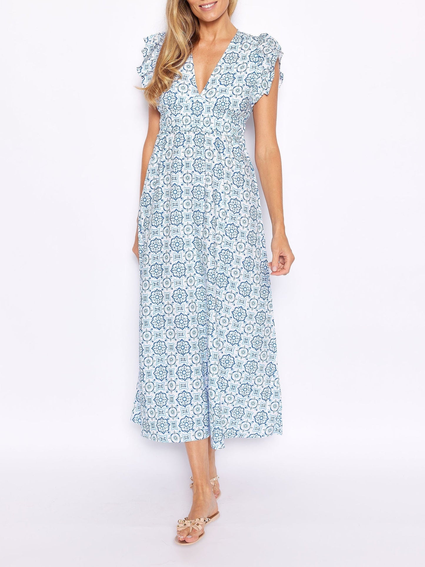Damen Maxikleid mit V-Ausschnitt und Flatterärmeln Jully