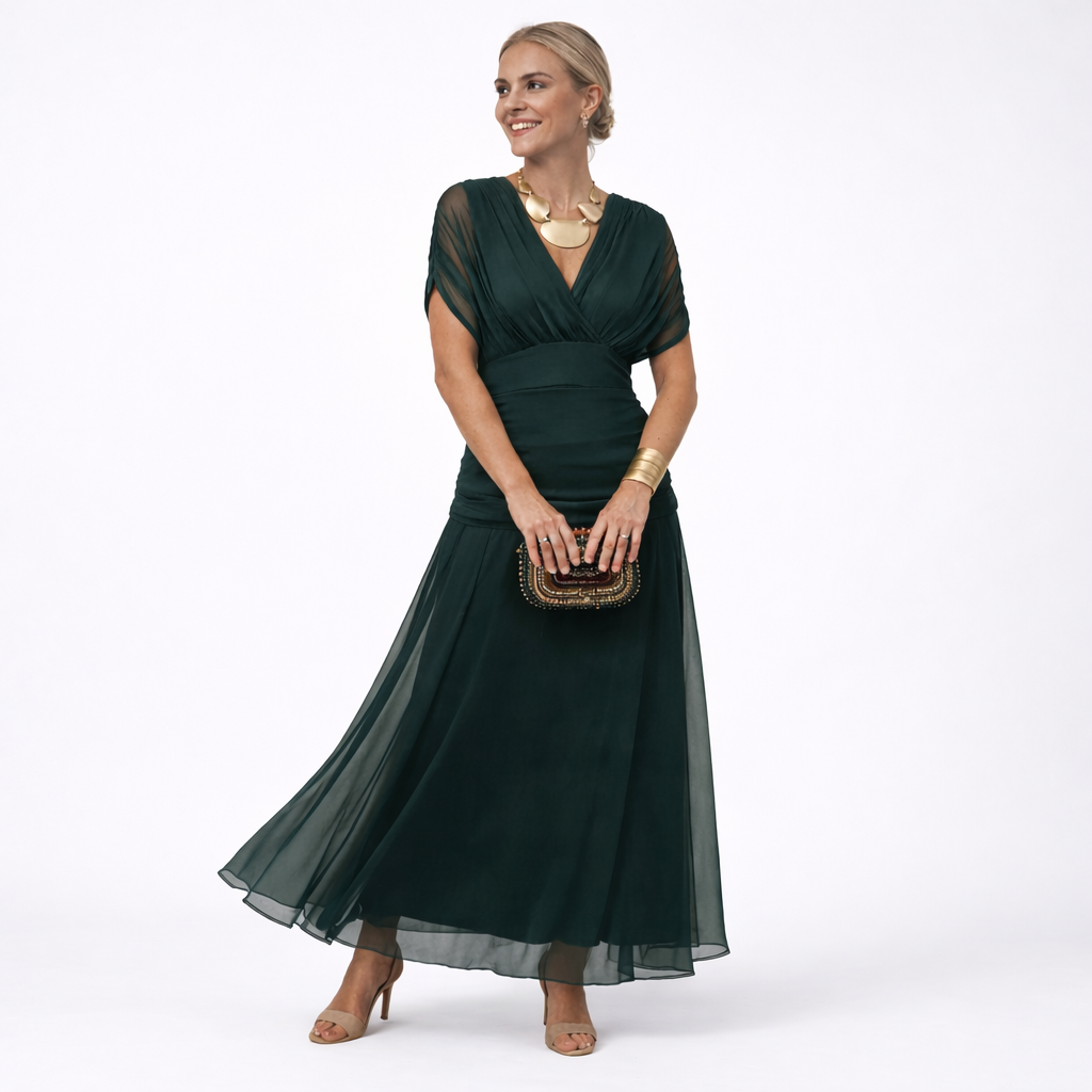 Damen Maxikleid mit V-Ausschnitt und Taillenfalten Jully