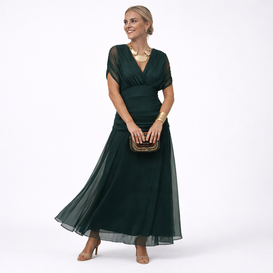 Damen Maxikleid mit V-Ausschnitt und Taillenfalten Jully