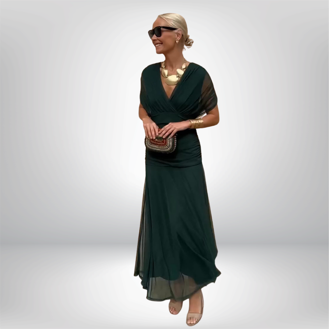 Damen Maxikleid mit V-Ausschnitt und Taillenfalten Jully