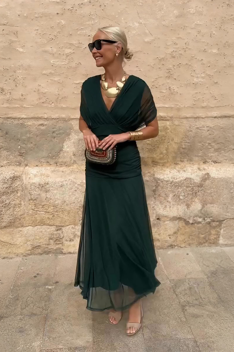 Damen Maxikleid mit V-Ausschnitt und Taillenfalten Jully