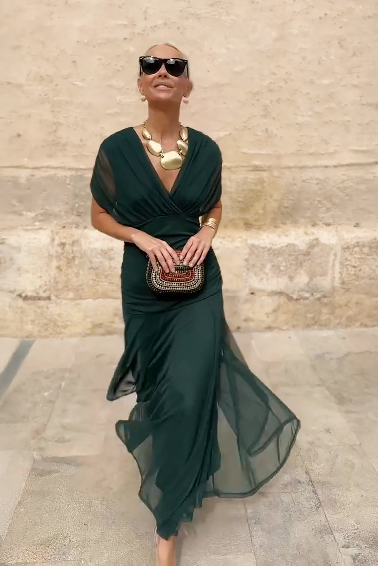 Damen Maxikleid mit V-Ausschnitt und Taillenfalten Jully