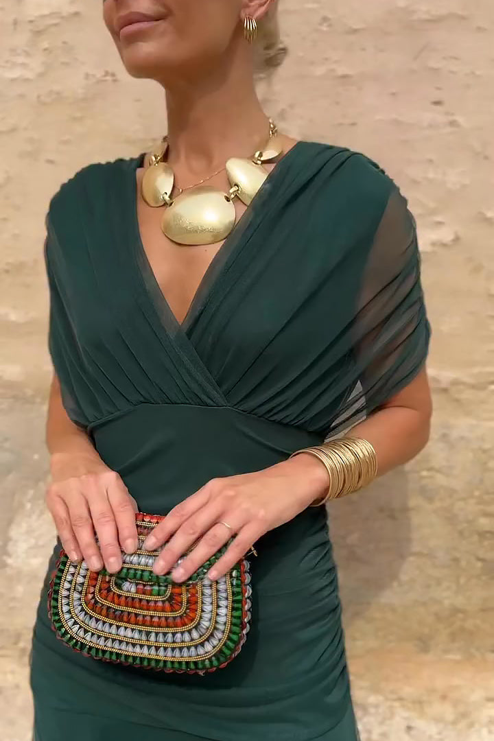 Damen Maxikleid mit V-Ausschnitt und Taillenfalten Jully