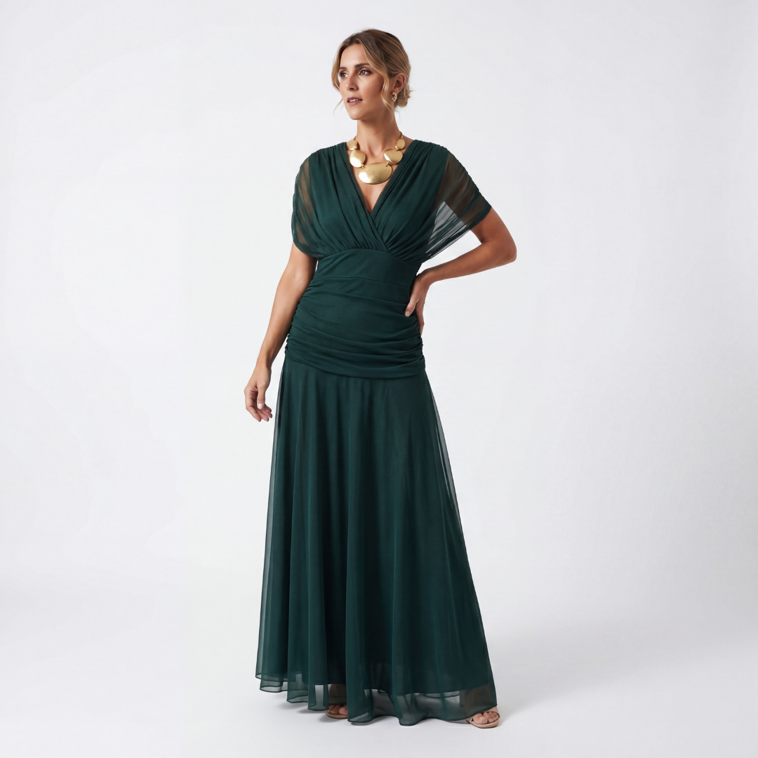 Damen Maxikleid mit V-Ausschnitt und Taillenfalten Jully