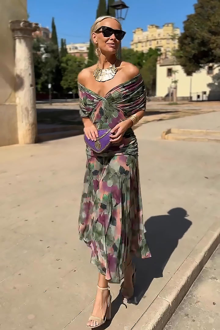 Damen Maxikleid mit V-Ausschnitt und Taillenfalten Jully
