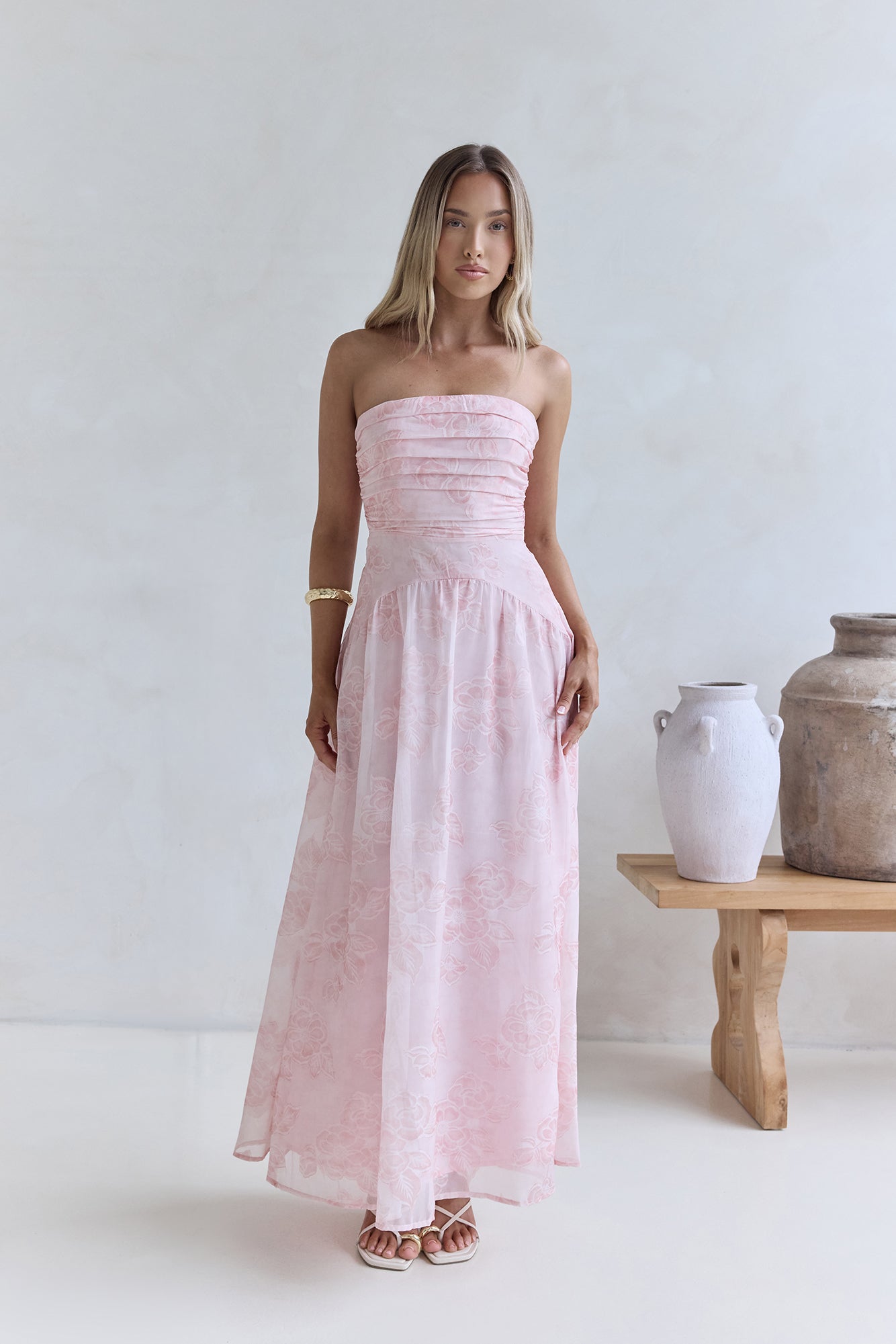 Damen Maxikleid mit elastischem Rücken in Rosa Jully