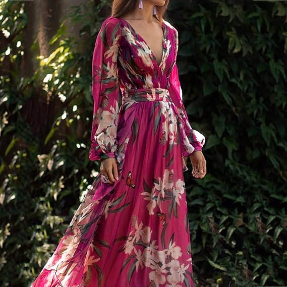 Damen Maxikleid mit floralem Muster und V-Ausschnitt Jully