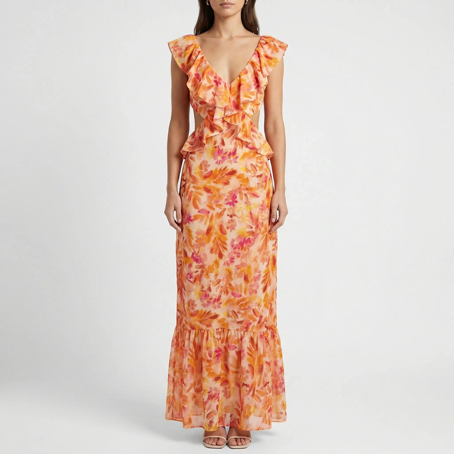 Damen Maxikleid mit floralem Muster und V-Ausschnitt Jully