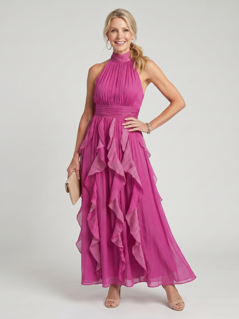 Damen Maxikleid mit hohem Hals und Rüschenschichten Jully