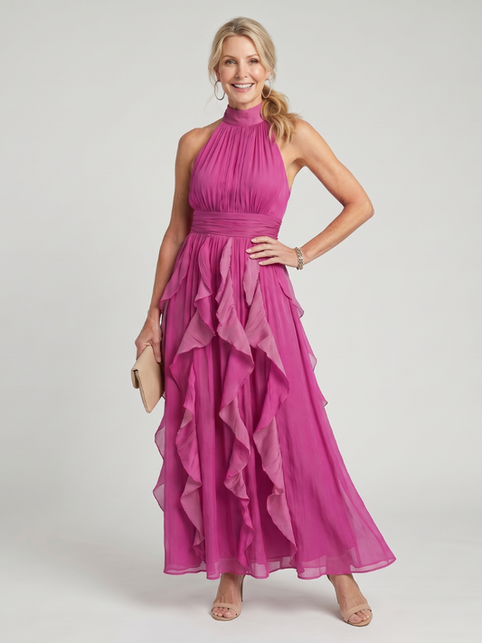 Damen Maxikleid mit hohem Hals und Rüschenschichten Jully