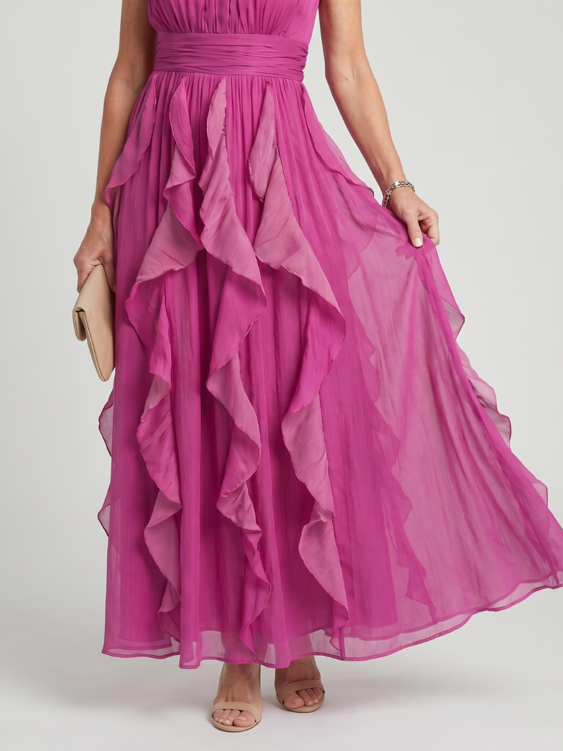 Damen Maxikleid mit hohem Hals und Rüschenschichten Jully