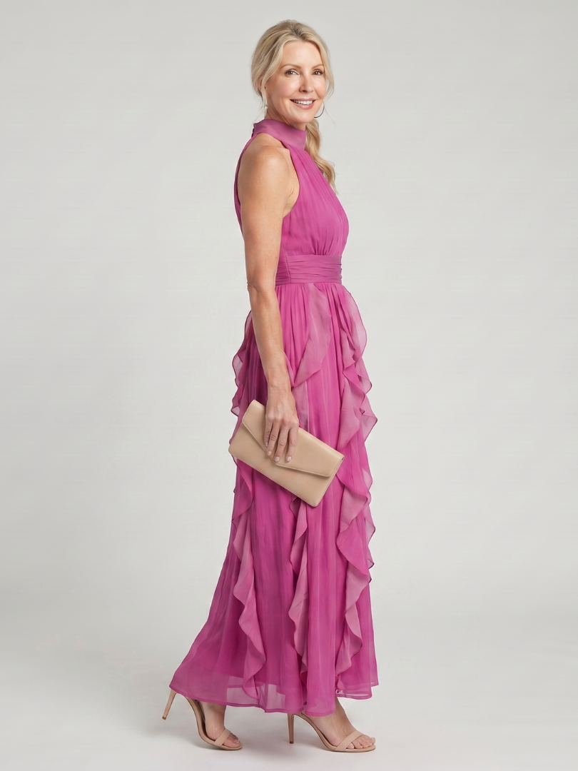 Damen Maxikleid mit hohem Hals und Rüschenschichten Jully