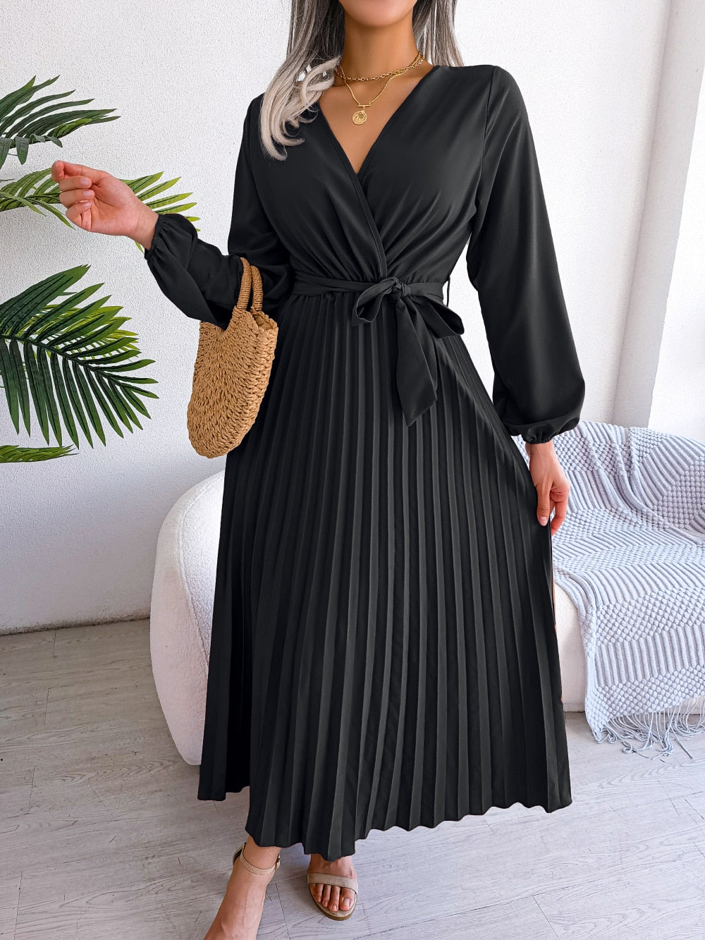 Damen Maxikleid mit plissiertem Rock und Laternenärmeln Jully