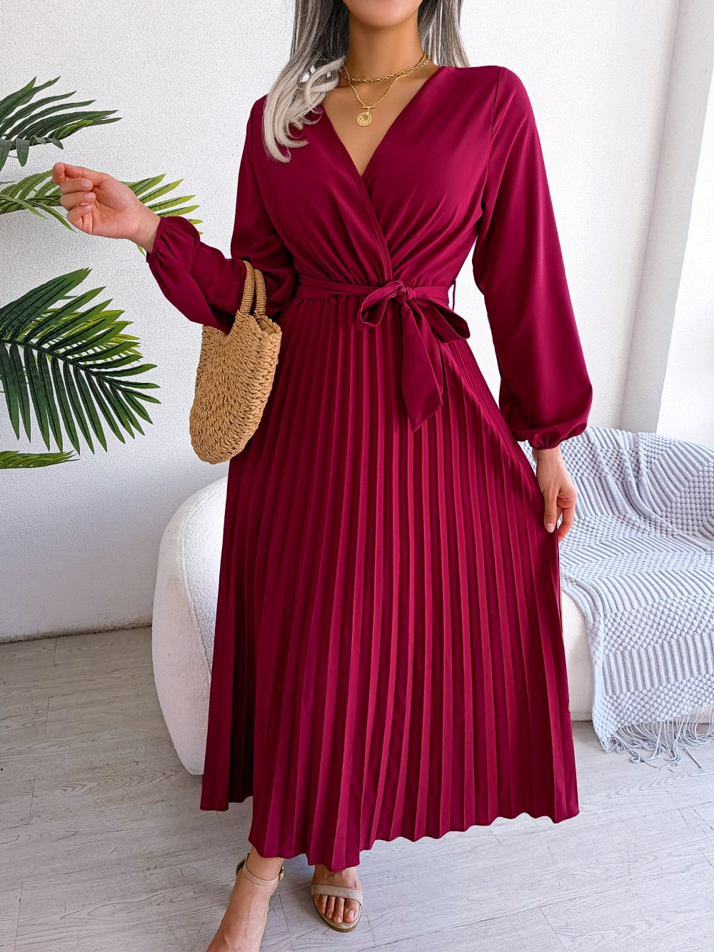 Damen Maxikleid mit plissiertem Rock und Laternenärmeln Jully