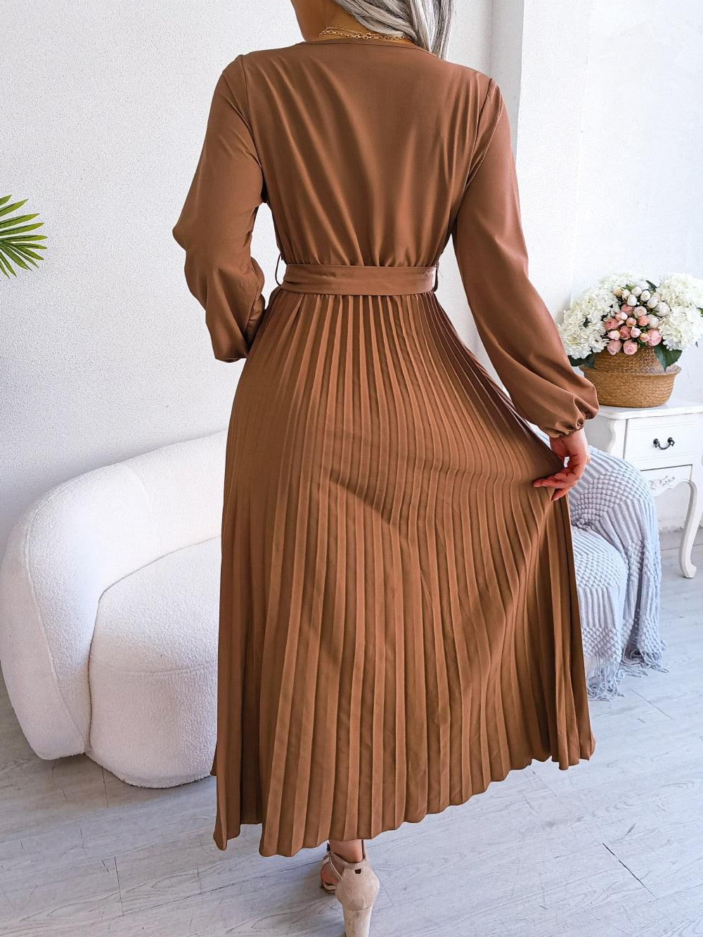 Damen Maxikleid mit plissiertem Rock und Laternenärmeln Jully