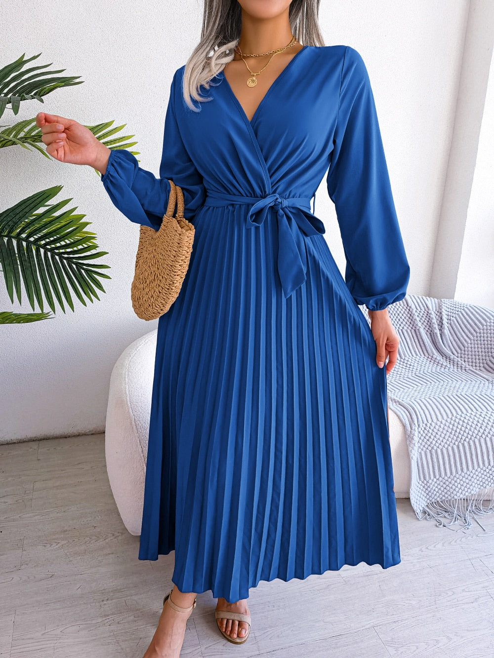 Damen Maxikleid mit plissiertem Rock und Laternenärmeln Jully