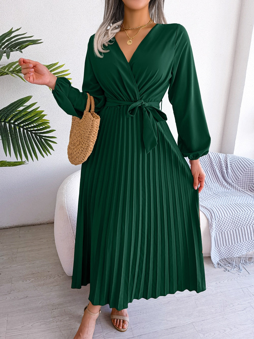 Damen Maxikleid mit plissiertem Rock und Laternenärmeln Jully