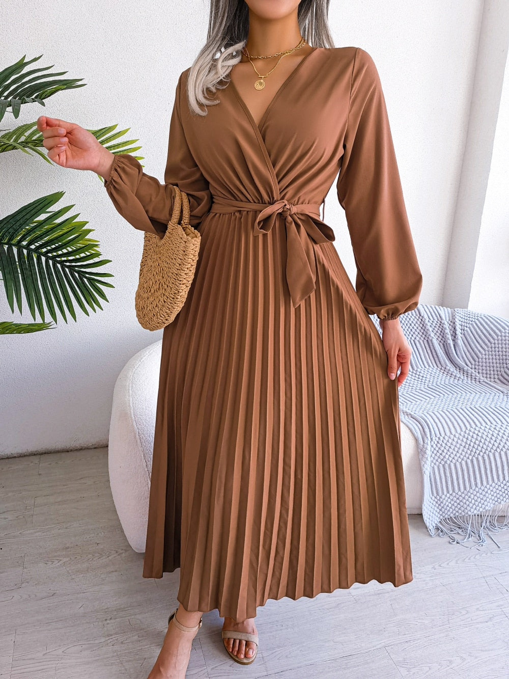 Damen Maxikleid mit plissiertem Rock und Laternenärmeln Jully