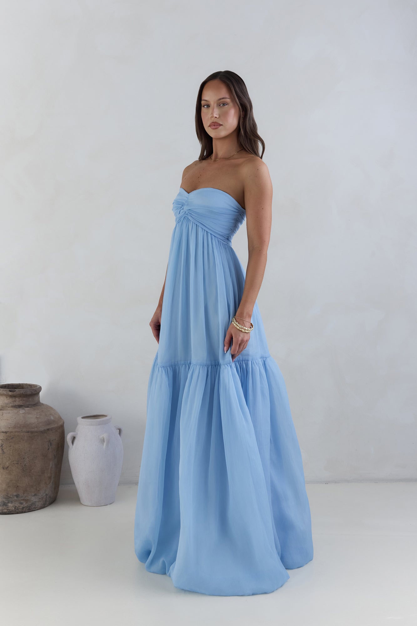 Damen Maxikleid mit trägerlosem Design in Blau Jully