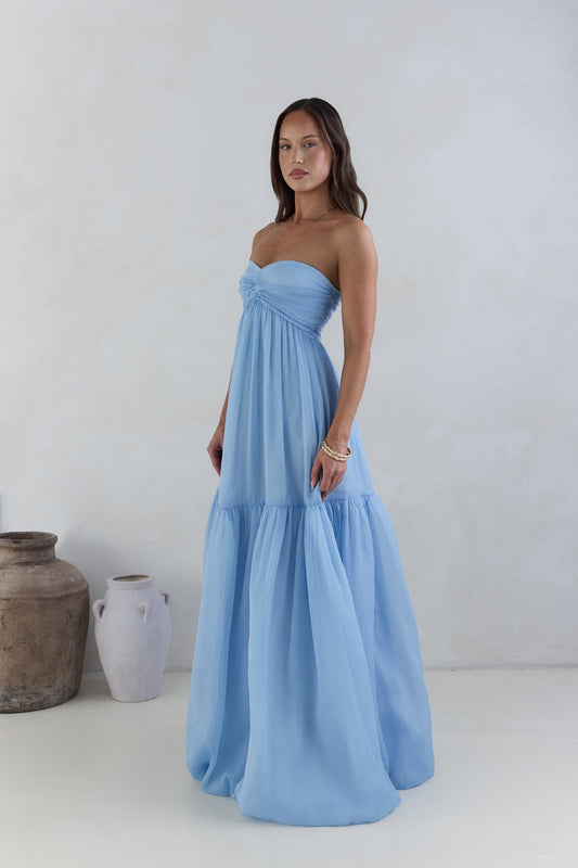 Damen Maxikleid mit trägerlosem Design in Blau Jully