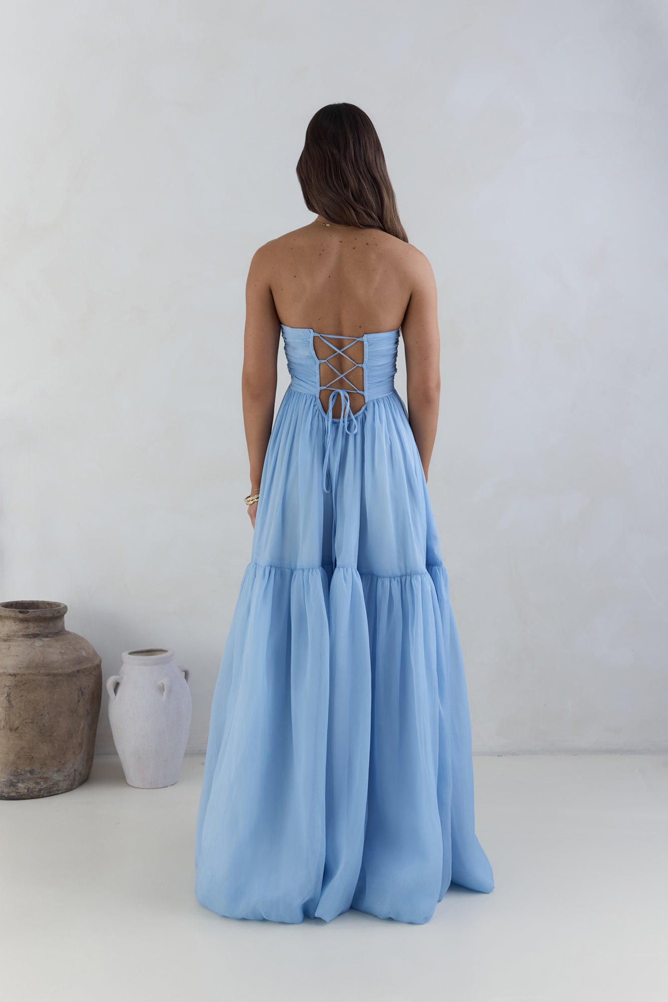 Damen Maxikleid mit trägerlosem Design in Blau Jully