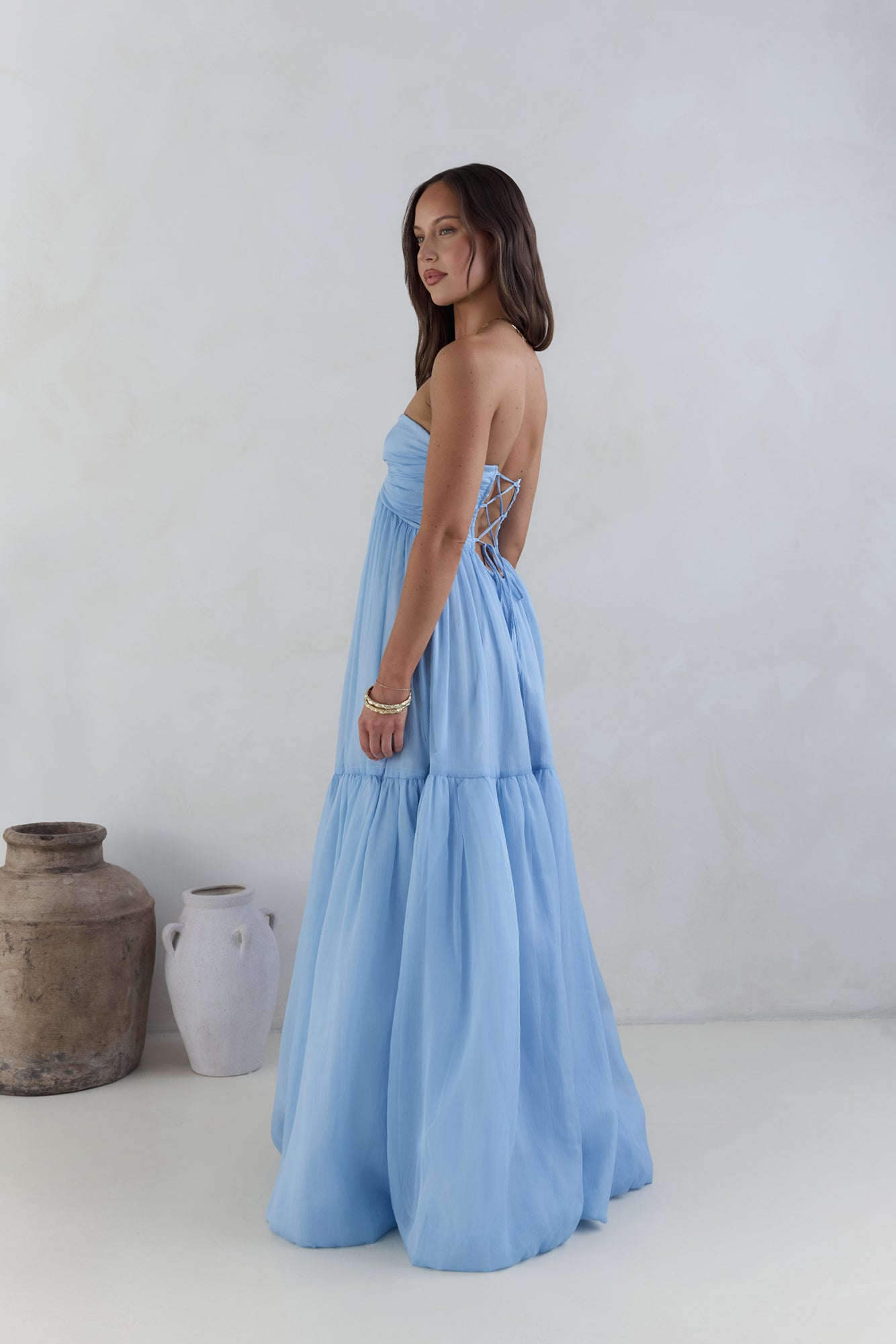 Damen Maxikleid mit trägerlosem Design in Blau Jully