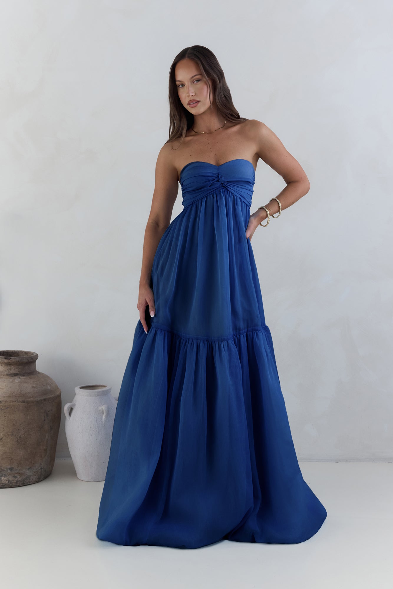 Damen Maxikleid mit trägerlosem Design in Marineblau Jully