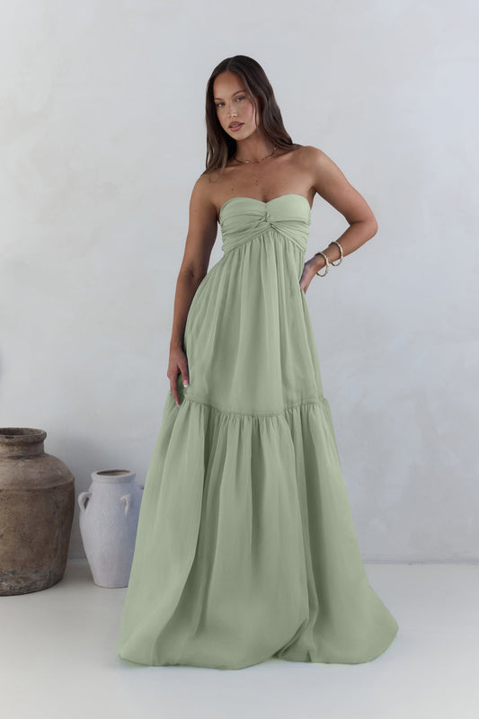 Damen Maxikleid mit trägerlosem Design in Salbei Jully