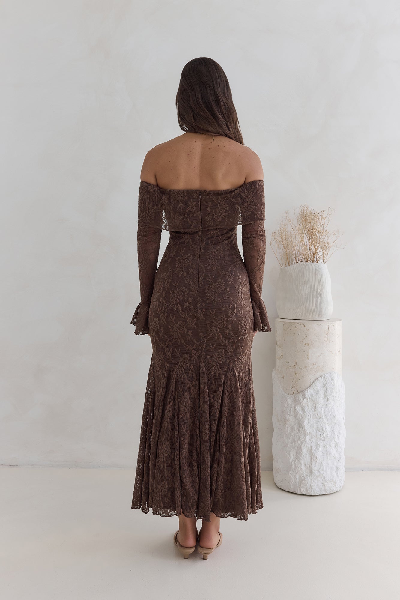 Damen Maxikleid schulterfrei mit langen Ärmeln Jully