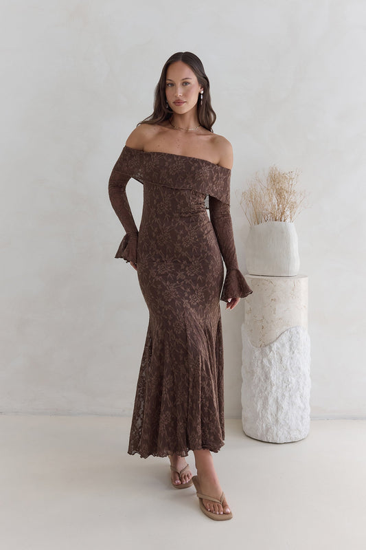 Damen Maxikleid schulterfrei mit langen Ärmeln Jully