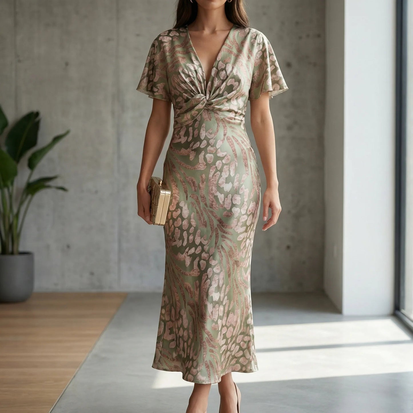 Damen Midi-Cocktailkleid mit V-Ausschnitt Jully