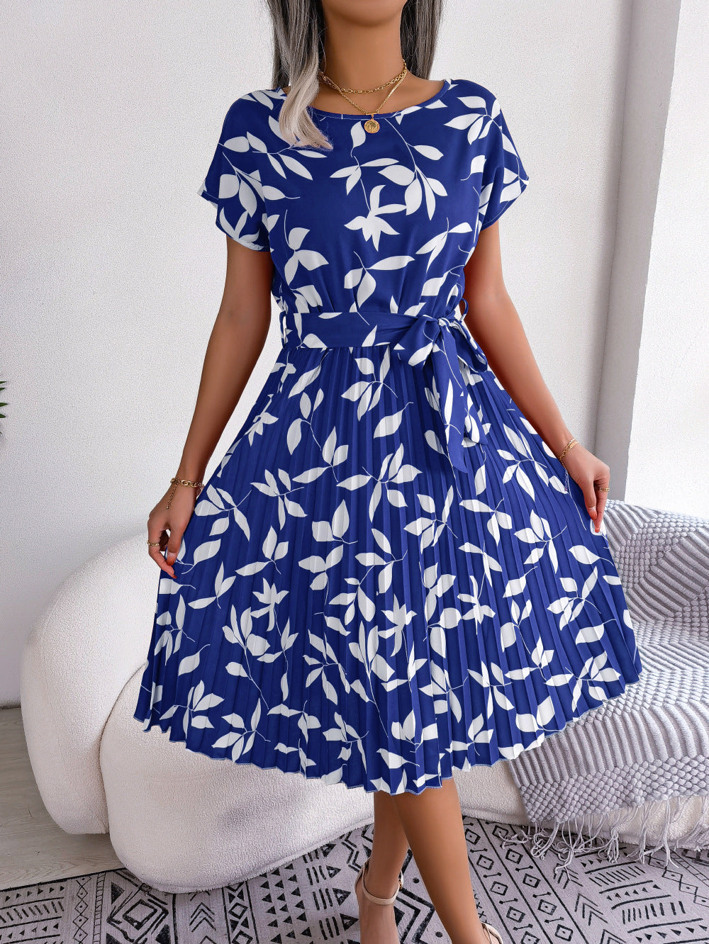 Damen Midi-Kleid mit Gürtel in Blau Jully