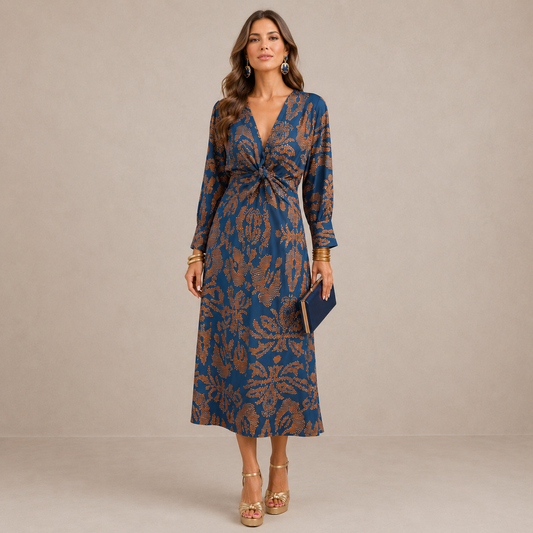 Damen Midi-Kleid mit V-Ausschnitt und Taillenbindung Jully