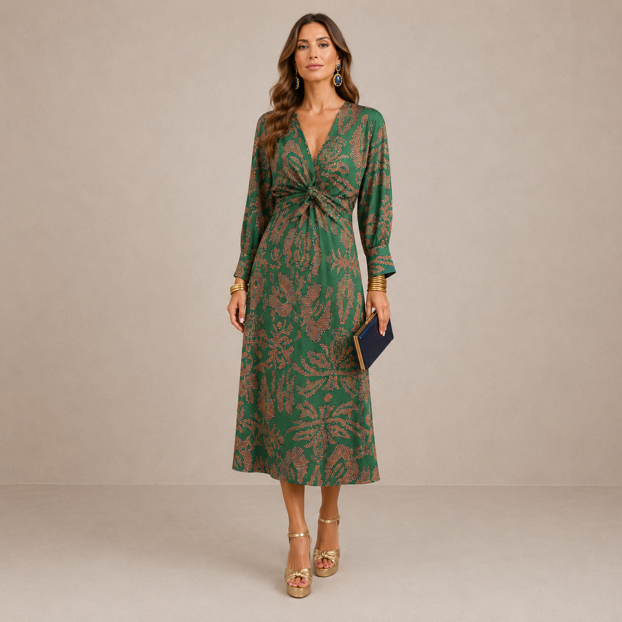 Damen Midi-Kleid mit V-Ausschnitt und Taillenbindung Jully