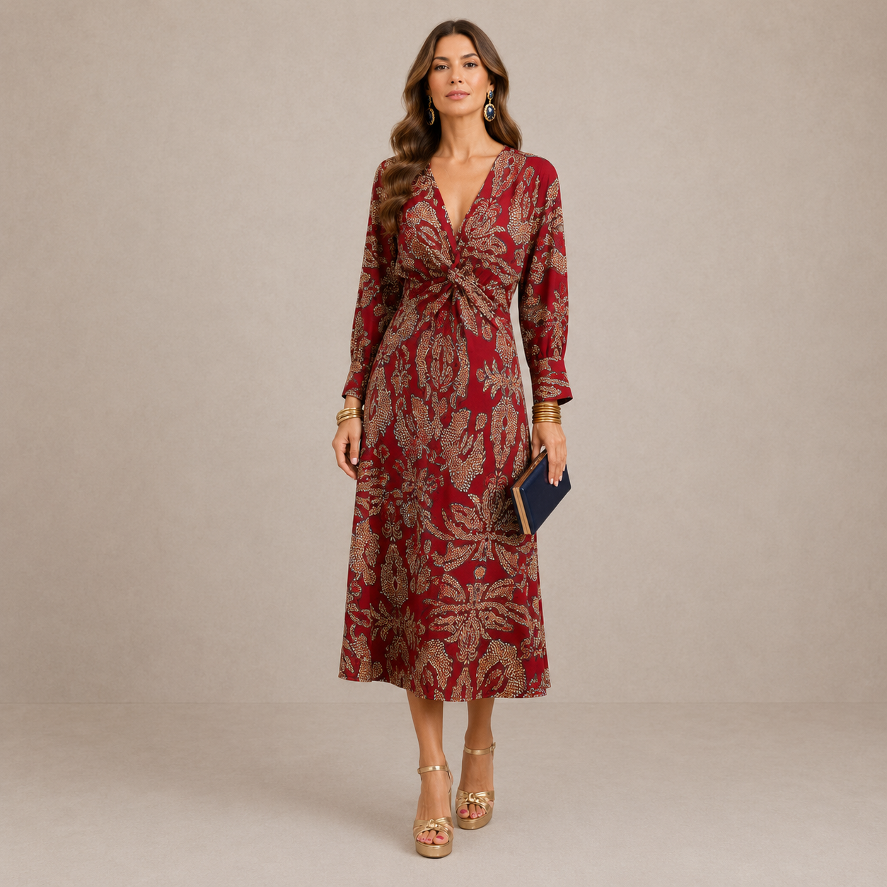 Damen Midi-Kleid mit V-Ausschnitt und Taillenbindung Jully