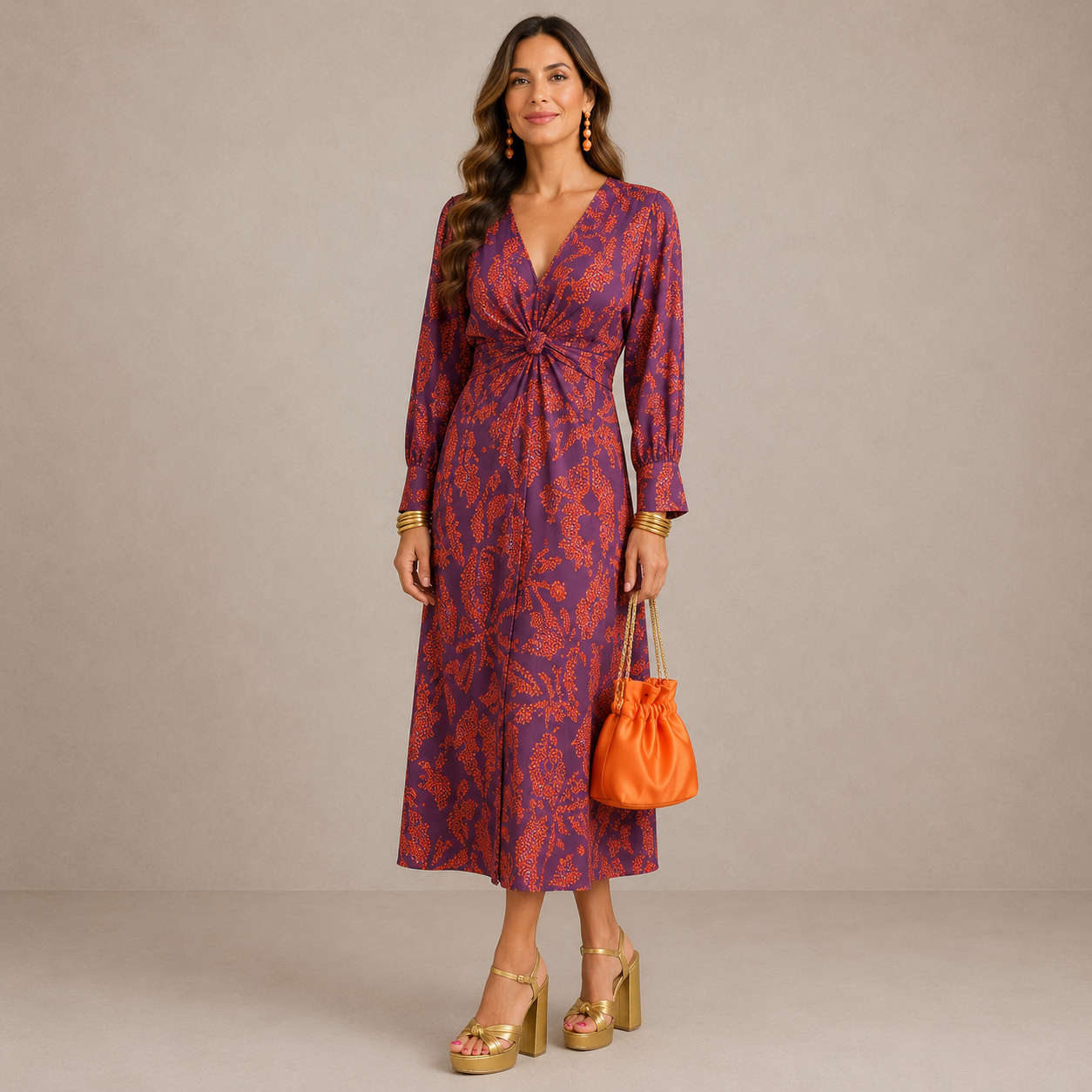 Damen Midi-Kleid mit V-Ausschnitt und Taillenbindung Jully