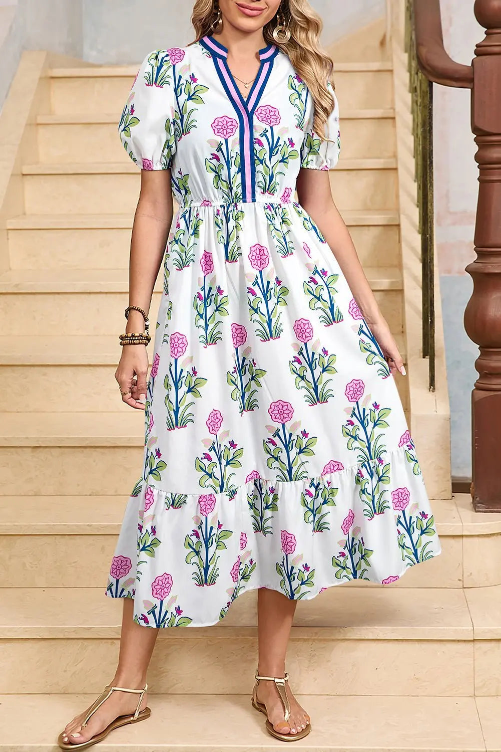Damen Midi-Kleid mit Volant und Puffärmeln Jully