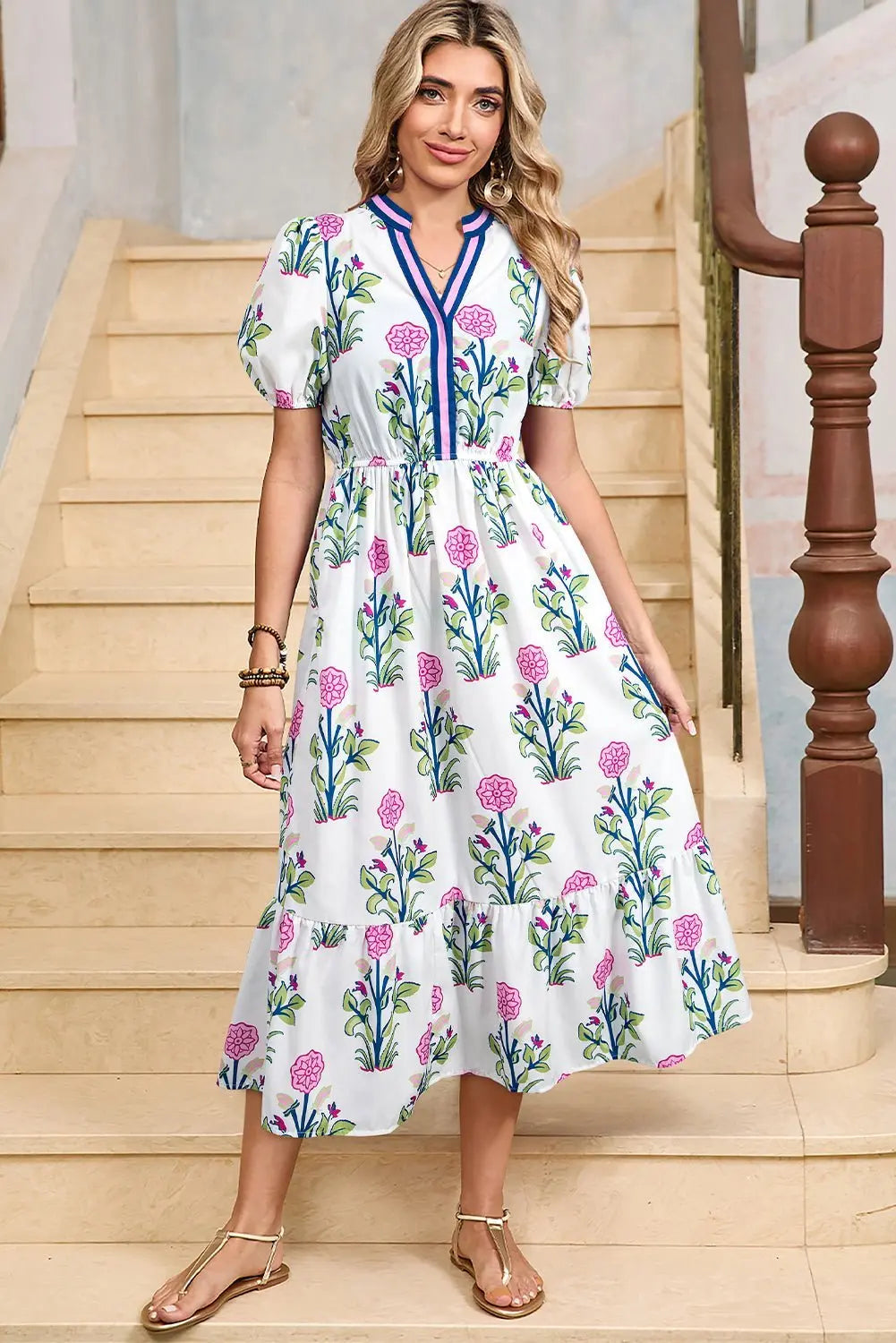 Damen Midi-Kleid mit Volant und Puffärmeln Jully