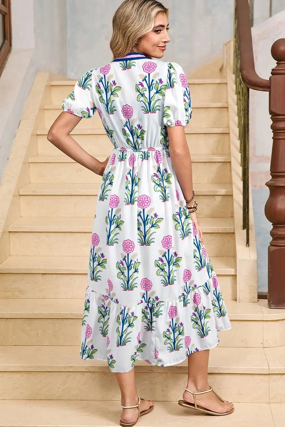 Damen Midi-Kleid mit Volant und Puffärmeln Jully