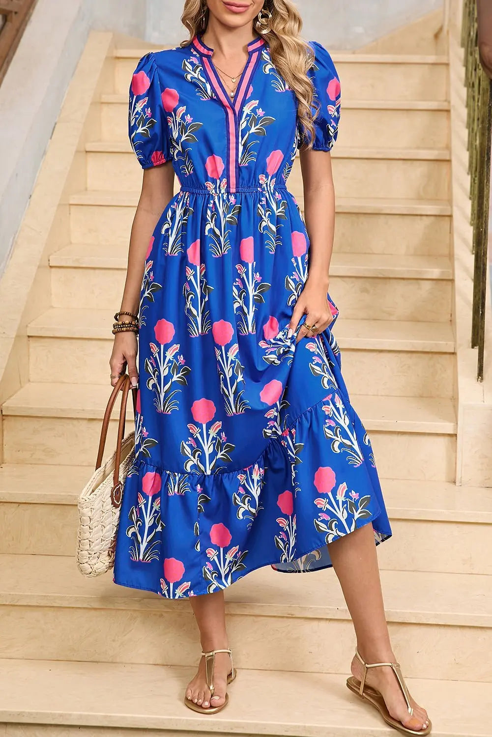 Damen Midi-Kleid mit Volant und Puffärmeln Jully