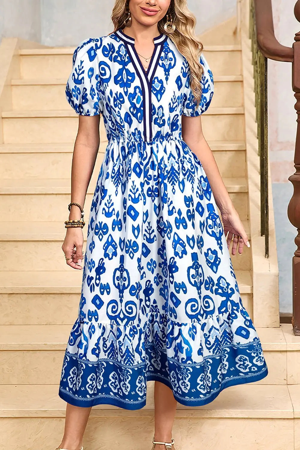 Damen Midi-Kleid mit Volant und Puffärmeln Jully