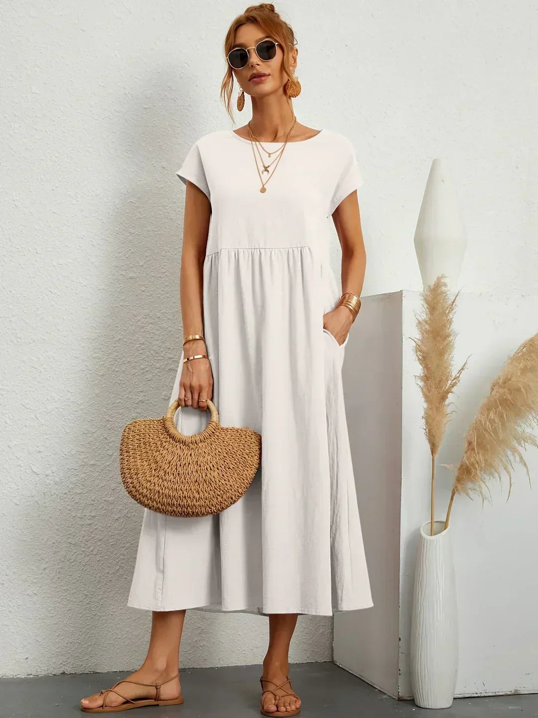 Damen Midi-Kleid mit fließendem Schnitt in mehreren Farben Jully