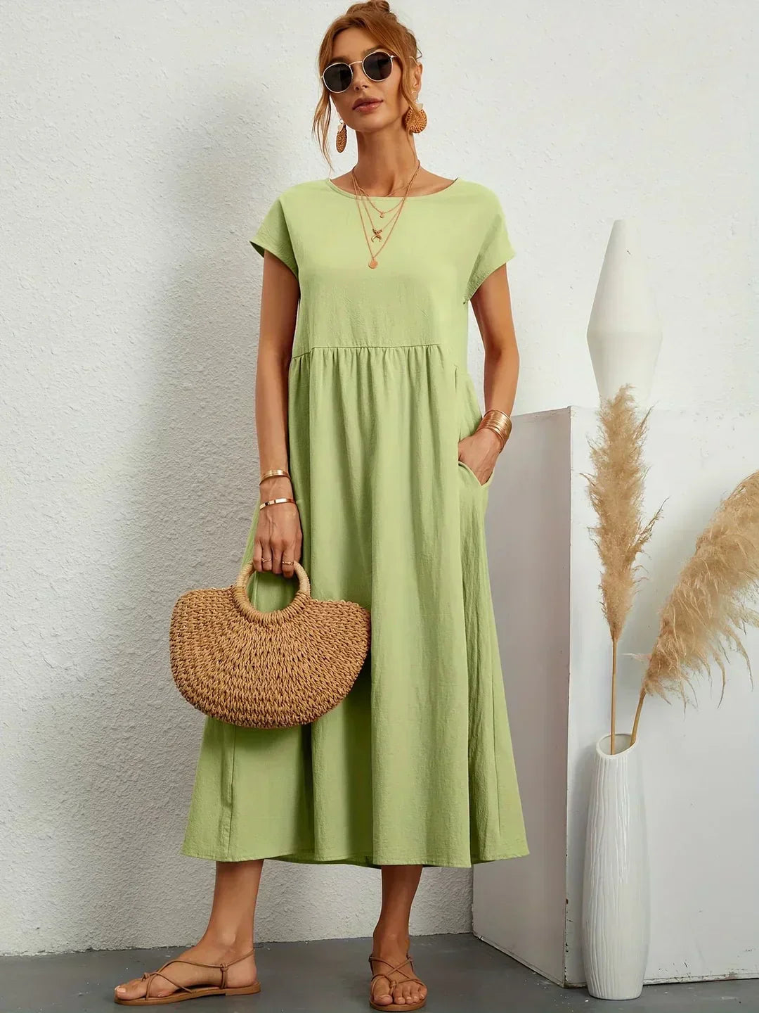 Damen Midi-Kleid mit fließendem Schnitt in mehreren Farben Jully