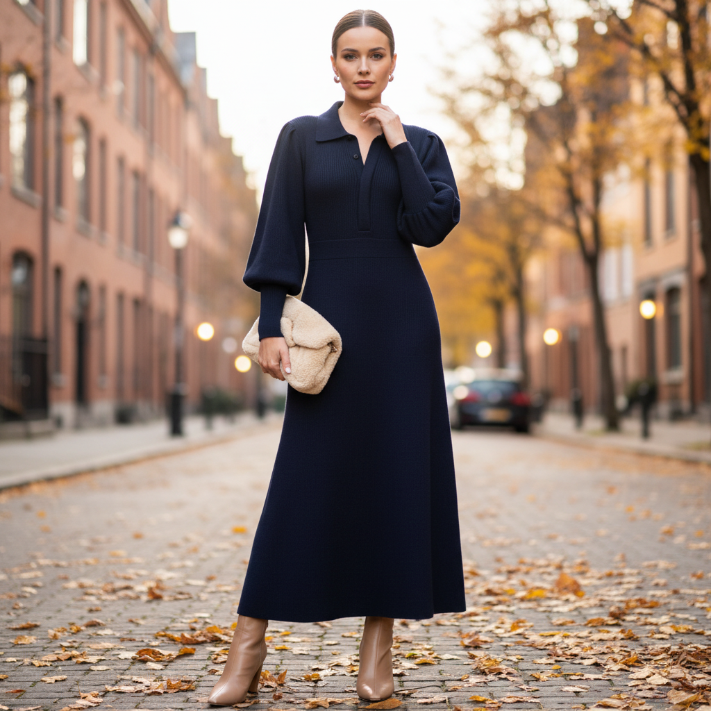 Damen Midi-Kleid mit klassischem Kragen Jully