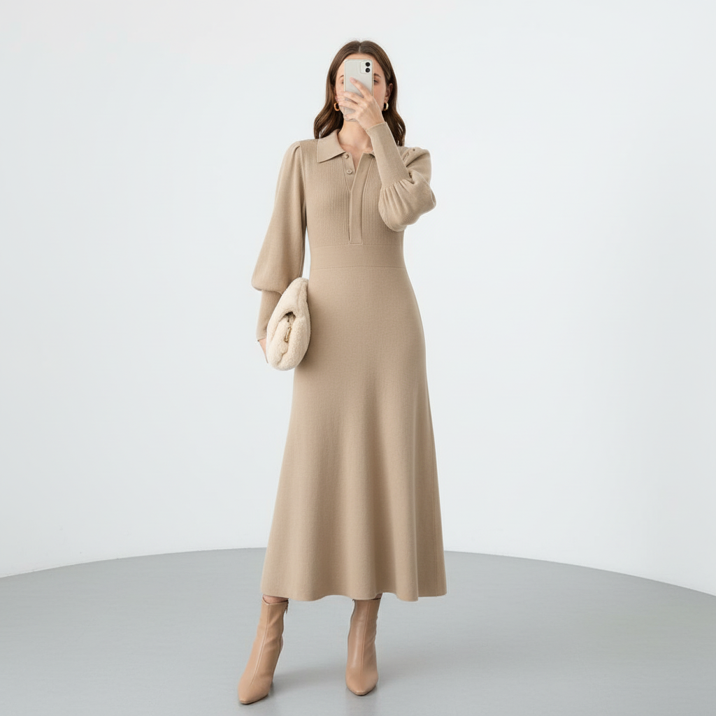 Damen Midi-Kleid mit klassischem Kragen Jully