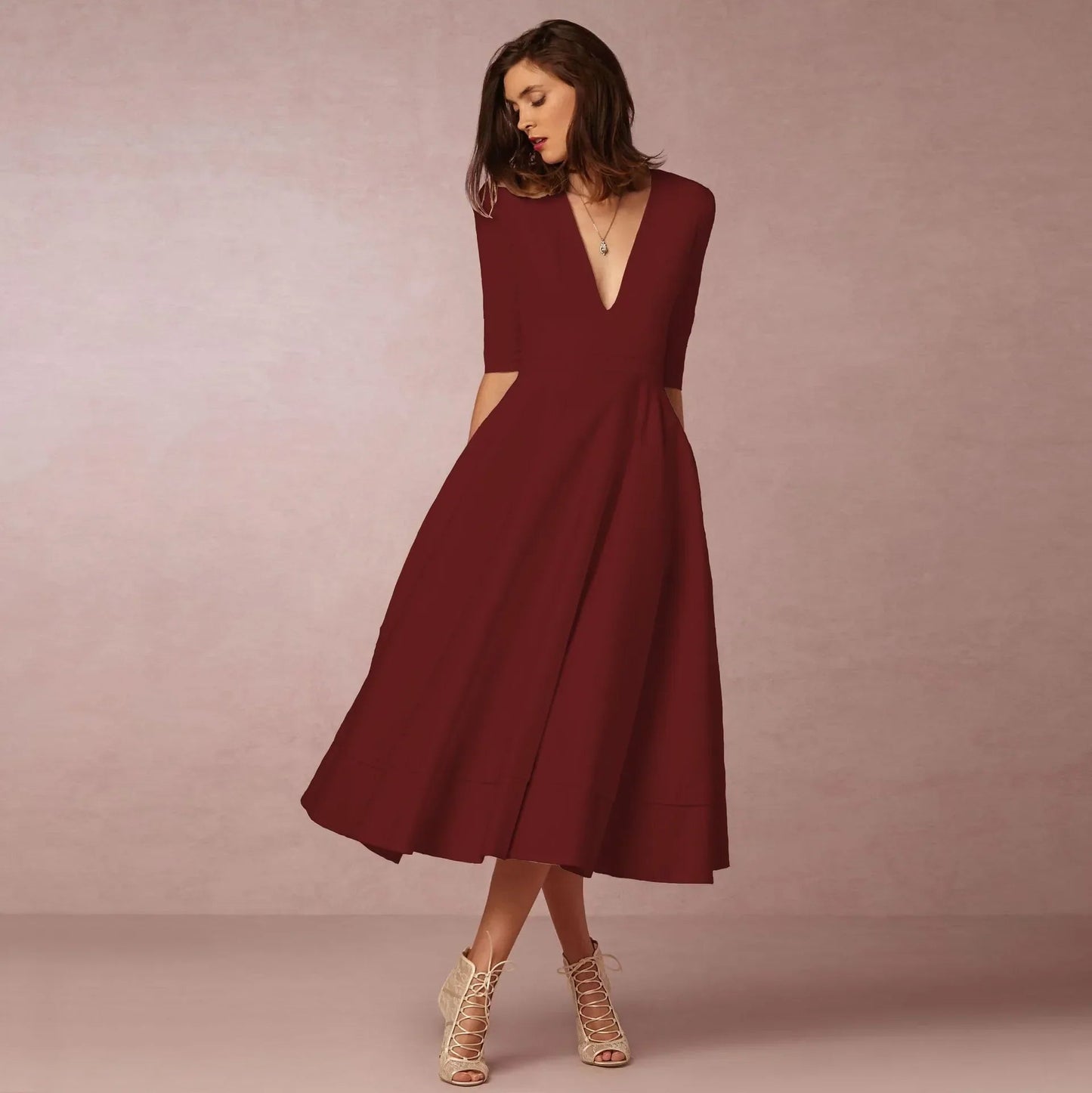 Damen Midi-Kleid mit tiefem V-Ausschnitt Jully