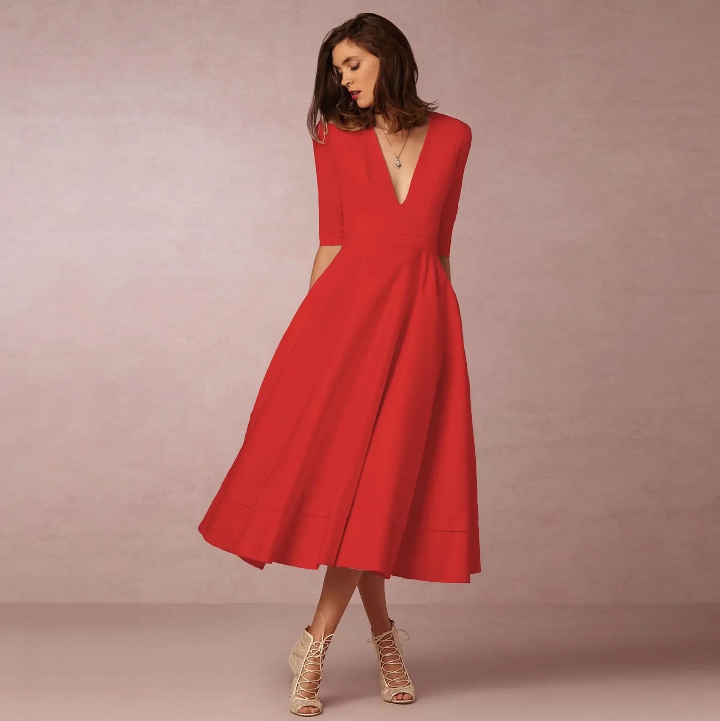 Damen Midi-Kleid mit tiefem V-Ausschnitt Jully