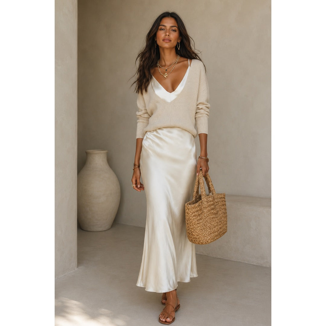 Damen Midi Kleid aus Satin mit Pullover für Sommer Jully