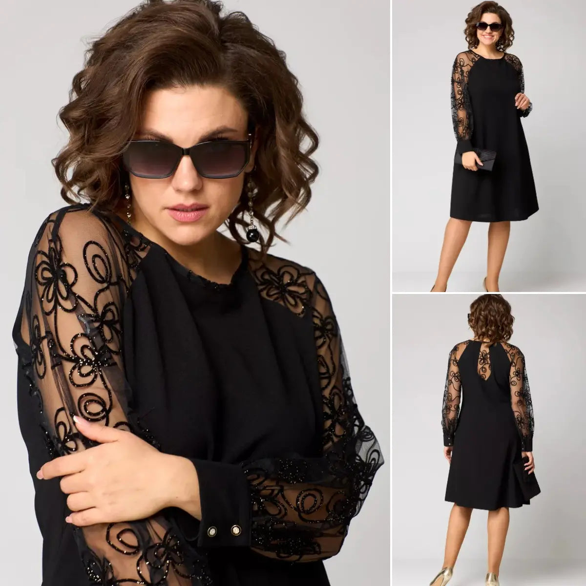 Damen Midikleid aus Spitze mit transparenten Ärmeln Jully